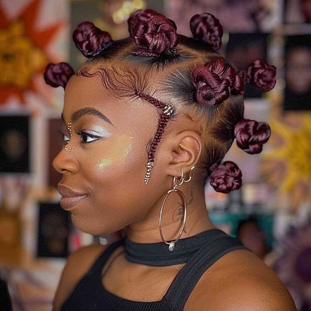 Braided Bantu Hairstyle with Burgundy Color