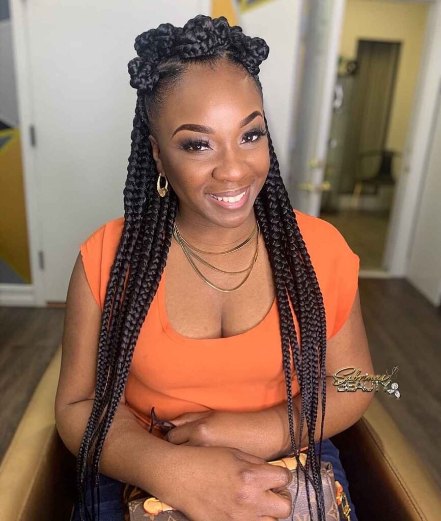 Half-Up Box Braids with Bantu Knots