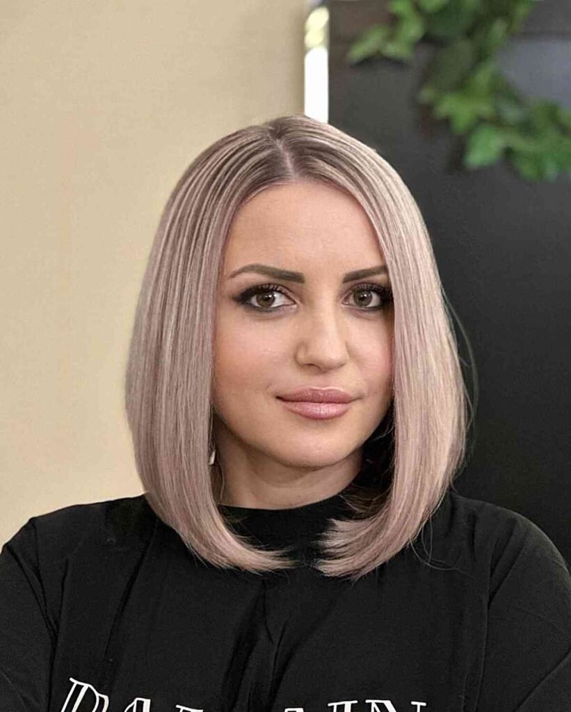 Ash Blonde Long Bubble Bob with Off-Center Part