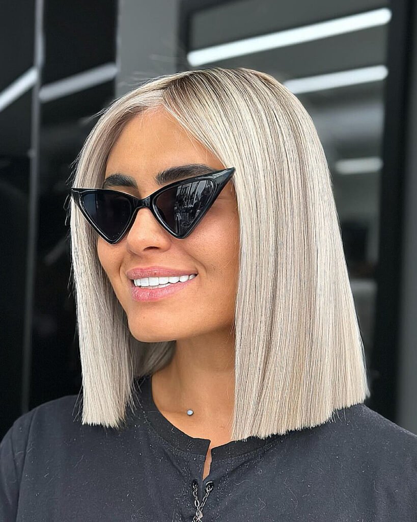 Sleek Platinum Long Blunt Bob