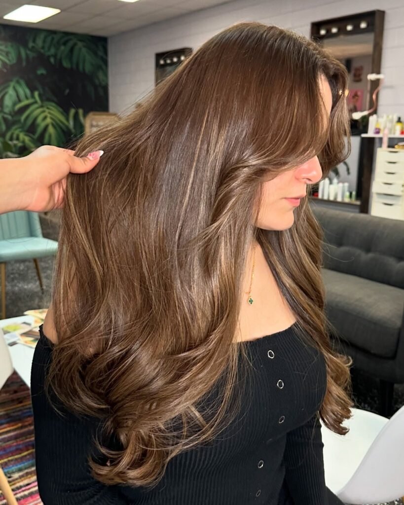 Soft Ashy Honey Brown Lob with Dimensional Waves
