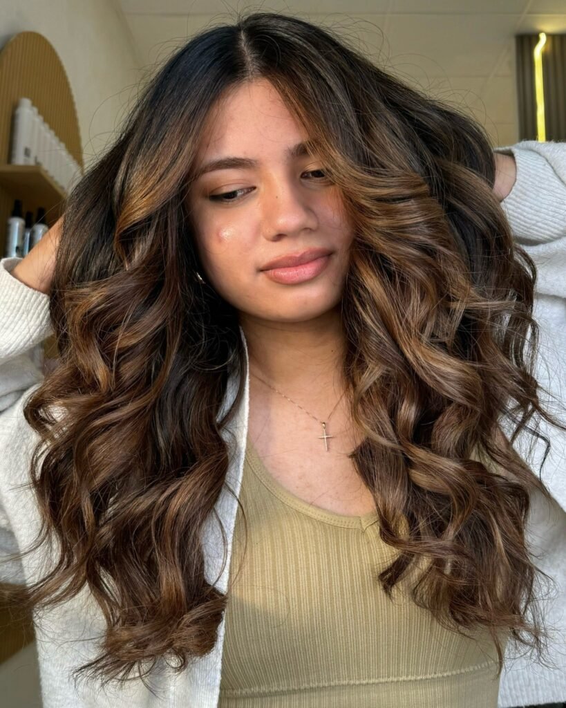 Honey Brown Glam Curls with Chocolate Lowlights