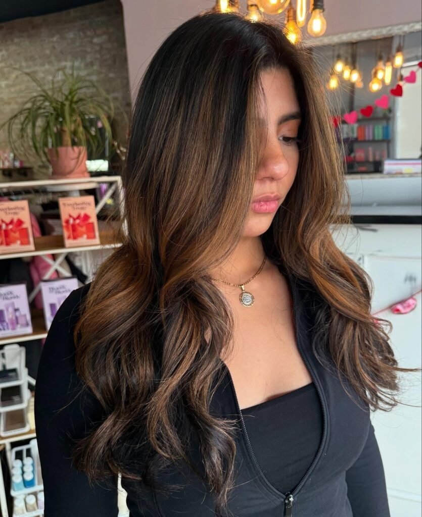Deep Honey Brown Balayage on Long Waves